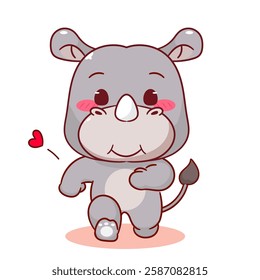 Cute Rhino running cartoon character. Kawaii animal concept design. Vector art illustration.