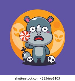 Cute rhino scared by ghost in halloween day. Cute halloween cartoon illustration. 