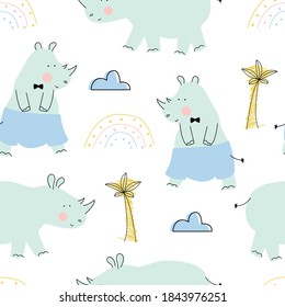 Cute Rhino seamless pattern. Vector illustration with an animal, in a modern cartoon style, for printing on packaging paper, postcard, poster, banner, clothing. Cute children's background