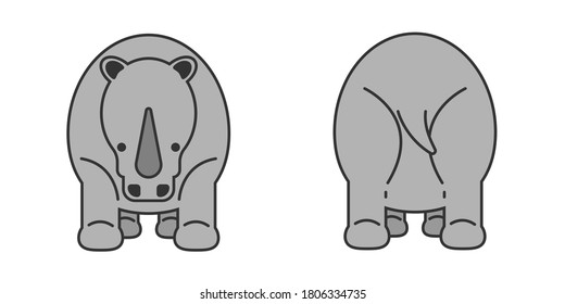 Cute Rhino set (front and back), Vector illustration of Rhino.	
