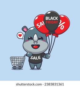 cute rhino with shopping cart and balloon at black friday sale cartoon vector illustration