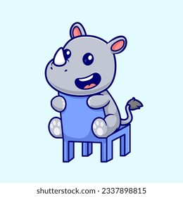 Cute Rhino Sitting on Chair Cartoon Vector Icon Illustration. Animal Nature Icon Concept Isolated Premium Vector. Flat Cartoon Style