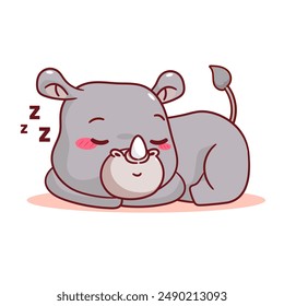 Cute Rhino Sleeping Cartoon Vector Illustration. Adorable Kawaii Animal Character Icon Mascot Concept Design. Isolated White Background.