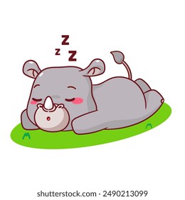Cute Rhino Sleeping Cartoon Vector Illustration. Adorable Kawaii Animal Character Icon Mascot Concept Design. Isolated White Background.