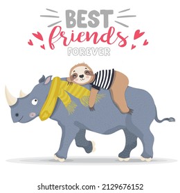 Cute rhino and sloth illustration. Friendship themed animal graphic design. 