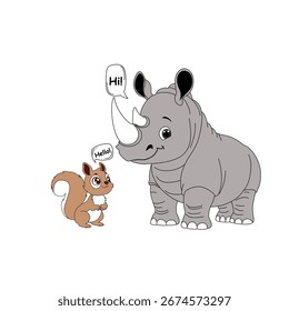 cute rhino with squirrel  friendship vector kids print 