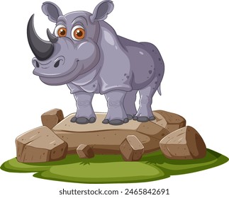 Cute rhino standing on rocks, smiling