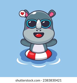 Cute rhino in sunglasses swimming on beach. Cute summer cartoon illustration. 