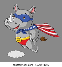 Cute rhino super hero cartoon, flying in the sky, hand drawn