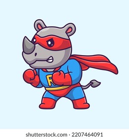 Cute Rhino Super Hero Cartoon Vector Icon Illustration. Animal Holiday Icon Concept Isolated Premium Vector. Flat Cartoon Style