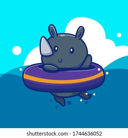 Cute Rhino With Swim Ring Vector Icon Illustration. Animal Summer Icon Concept Isolated Premium Vector. Flat Cartoon Style 