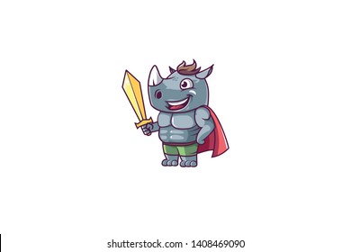 cute rhino with sword, superhero rhino with sword, rhino warrior. - vector