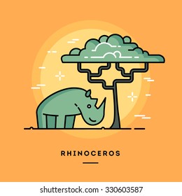 Cute rhino and a tree, line flat design banner, vector illustration 