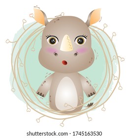 cute rhino with twigs in the children's style. cute cartoon rhino illustration 
