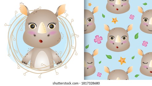 cute rhino with twigs seamless pattern and illustration designs