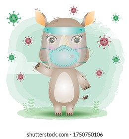 cute rhino using face shield and mask.  Covid-19,  coronavirus vector illustration