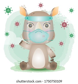 cute rhino using face shield and mask.  Covid-19,  coronavirus vector illustration