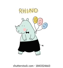 Cute Rhino. Vector illustration with an animal, in a modern cartoon style, for printing on packaging paper, postcard, poster, banner, clothing. Cute children's background.