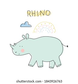 Cute Rhino. Vector illustration with an animal, in a modern cartoon style, for printing on packaging paper, postcard, poster, banner, clothing. Cute children's background.