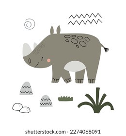 Cute rhino vector illustration isolated on white background. Perfect for congratulations, postcards, posters, congratulations or shop.