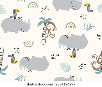 Cute Rhino vector, Cute Monkey vector, Jungle pattern vector, happy jungle friends,  Rainbow vector