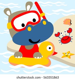 Cute rhino wearing diving goggles on inflatable ring duck with marine animals in the beach, vector cartoon illustration