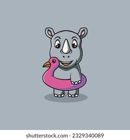 Cute rhino wearing duck floater cartoon illustration