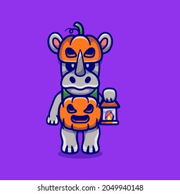 cute rhino wearing halloween pumpkin costume, suitable for Halloween t-shirt designs or cute halloween animal mascots