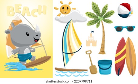 Cute rhino windsurfer cartoon, hand drawn vector illustration with summer beach vacation elements