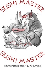 cute rhino works as a sushi master