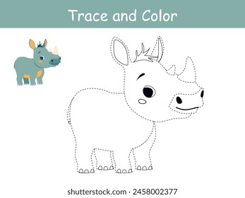 Cute rhinoceros, african animal trace and coloring book or coloring page. Vector illustration