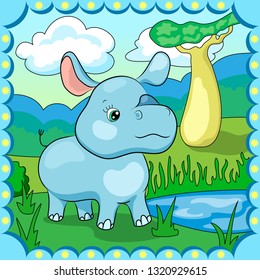 Cute rhinoceros in african landscape. Children book colorful vector illustration. Wild nature scene with funny rhino. Baby rhinoceros on green grassland. African nature and wildlife. Kid animal poster