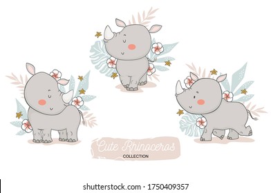 Cute rhinoceros baby with backdrop. Stickers collection. Jungle animal cartoon character. Hand drawn kids card template design.