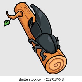 cute rhinoceros beetles on tree branch leaf. cartoon animal nature concept Isolated illustration. Flat Style suitable for Sticker Icon Design Premium Logo vector. Mascot Character