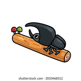 cute rhinoceros beetles on the tree trunk branch. cartoon animal nature concept Isolated illustration. Flat Style suitable for Sticker Icon Design Premium Logo vector. Mascot Character