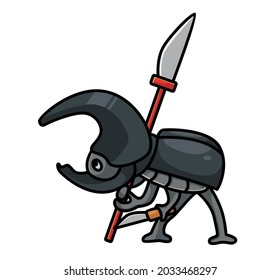 cute rhinoceros beetles soldier spear. cute rhinoceros beetles symbol. cartoon animal nature concept Isolated illustration. Flat Style suitable for Sticker Icon Design Premium Logo vector. 
