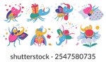 Cute Rhinoceros beetles various actions vector set. Cartoon smiling rhino beetle insect with cup of hot drink, gift box or love heart. Funny scarab beetle sleeping, flying, playing music isolated
