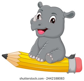 Cute Rhinoceros Cartoon Riding a Flying Pencil Vector Illustration. Animal Education Icon Concept