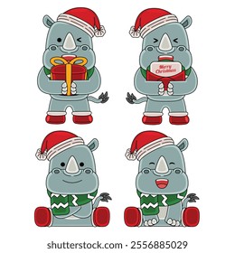 cute rhinoceros celebrate christmas vector illustration