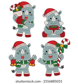 cute rhinoceros celebrate christmas vector illustration