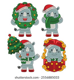 cute rhinoceros celebrate christmas vector illustration