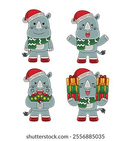 cute rhinoceros celebrate christmas vector illustration