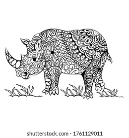 Cute Rhinoceros coloring book vector illustration animal for adult, tattoo, shirt design and other decorations. Zentangle style. Black and white lines.