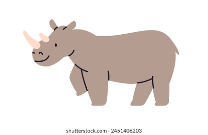 Lindo cachorro de rinoceronte. Adorable rinoceronte bebé con cuerno. Personaje de la fauna africana encantadora divertida, mamífero salvaje exótico de la sabana tropical. Gráfico de Vector plano infantil aislado sobre fondo blanco