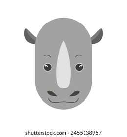 Cute rhinoceros face, head portrait of wild African animal character vector illustration