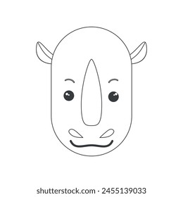 Cute rhinoceros face with horn, rhino animals head of simple shape vector illustration