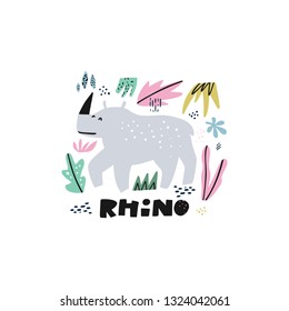 Cute rhinoceros flat hand drawn illustration. Rhino cartoon character with lettering. African animal. Jungle, rainforest, savanna fauna. Zoo, safari mammal. Travel postcard, kid book, t-shirt clipart