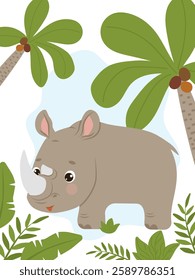 Cute rhinoceros in green tropical leaves. Flat style vector illustration for birthday invitation, cards and stickers.