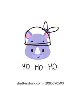 Cute rhinoceros. Nice animal. Little pirate. Print for baby posters, cards, clothes, greeting card, t-shirt prints, birthday, party invitations, books, stickers or decor. Vector cartoon illustration