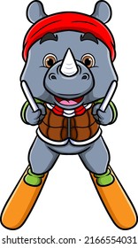 The cute rhinoceros is playing an ice skate with safety equipment of illustration